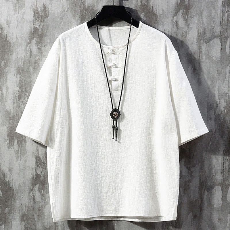 Chemise Tang chinoise à demi-manches pour hommes Foviel, couleur unie, avec boutons brandebourgs