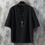Foviel Frog-Button Plain Color Chinese Tang Suit Half Sleeve Shirt Men Clothing