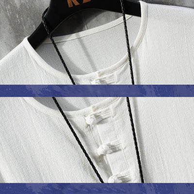 Chemise Tang chinoise à demi-manches pour hommes Foviel, couleur unie, avec boutons brandebourgs