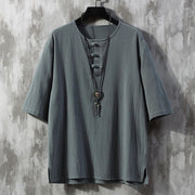 Foviel Frog-Button Plain Color Chinese Tang Suit Half Sleeve Shirt Men Clothing