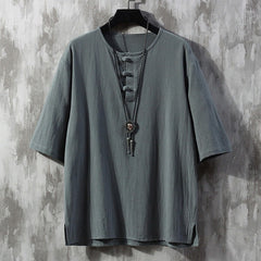 Chemise Tang chinoise à demi-manches pour hommes Foviel, couleur unie, avec boutons brandebourgs
