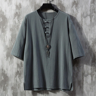 Chemise Tang chinoise à demi-manches pour hommes Foviel, couleur unie, avec boutons brandebourgs
