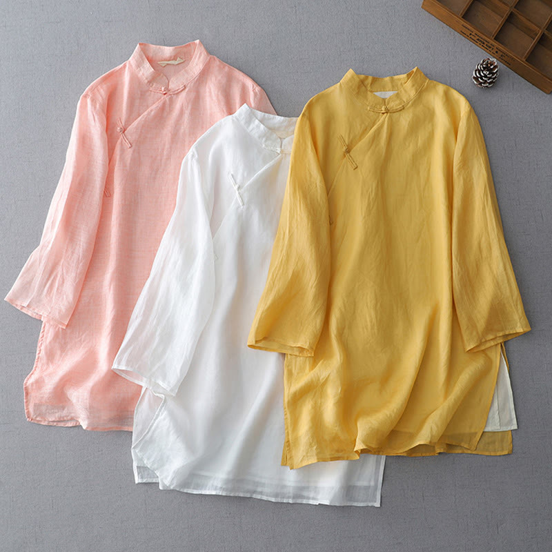 Chemise à double épaisseur Foviel de couleur unie avec boutons brandebourgs et manches trois-quarts