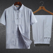 Foviel 2Pcs Frog-Button Fu Character Dragon Bamboo Leaf Short Sleeve Shirt Pants Men's Set