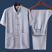 Foviel 2Pcs Frog-Button Fu Character Dragon Bamboo Leaf Short Sleeve Shirt Pants Men's Set