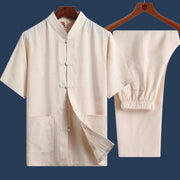 Foviel 2Pcs Frog-Button Fu Character Dragon Bamboo Leaf Short Sleeve Shirt Pants Men's Set