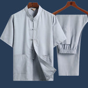 Foviel 2Pcs Frog-Button Fu Character Dragon Bamboo Leaf Short Sleeve Shirt Pants Men's Set