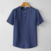 Foviel Summer Men's Solid Color Button Short Sleeve Cotton Linen Shirt