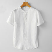 Foviel Summer Men's Solid Color Button Short Sleeve Cotton Linen Shirt