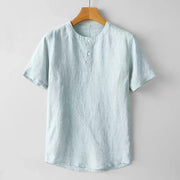 Foviel Summer Men's Solid Color Button Short Sleeve Cotton Linen Shirt