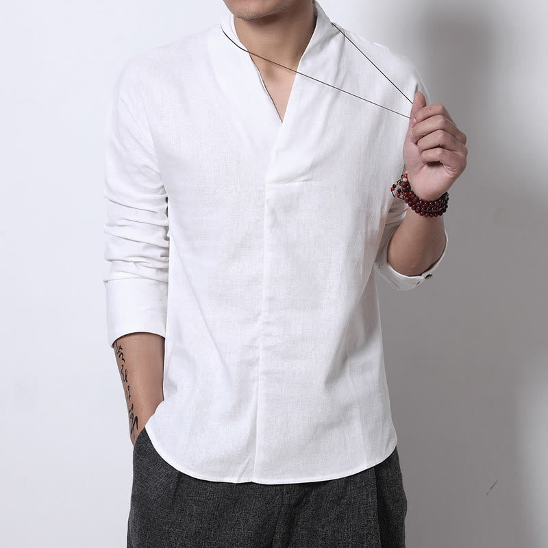 Buddha Stones Casual V-Neck Long Sleeve Shirt Linen Men Clothing - White - US/UK/AU44，EU54 (5XL) - image 2