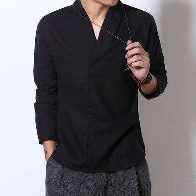 Buddha Stones Casual V-Neck Long Sleeve Shirt Linen Men Clothing - image 5
