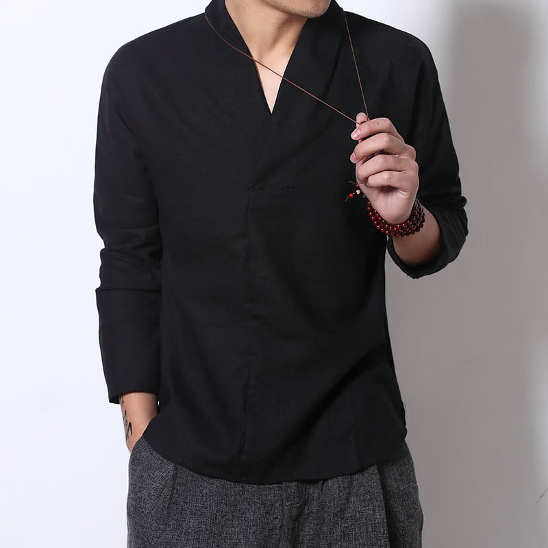 Buddha Stones Casual V-Neck Long Sleeve Shirt Linen Men Clothing - image 5