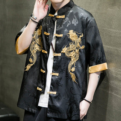 Buddha Stones Frog-Button Chinese Dragon Embroidery Half Sleeve Shirt Linen Men Clothing - image 7