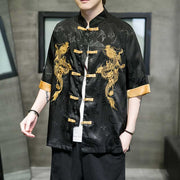 Foviel Frog-Button Chinese Dragon Embroidery Half Sleeve Shirt Linen Men Clothing