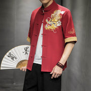Foviel Frog-Button Chinese Dragon Auspicious Cloud Embroidery Half Sleeve Shirt Cotton Linen Men Clothing