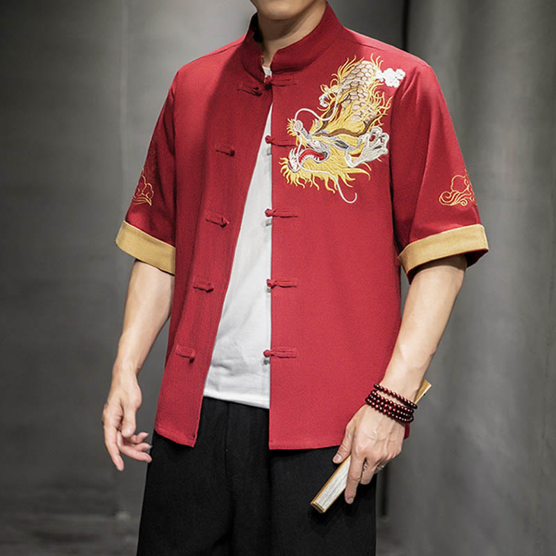 Buddha Stones Frog-Button Chinese Dragon Auspicious Cloud Embroidery Half Sleeve Shirt Cotton Linen Men Clothing - image 18
