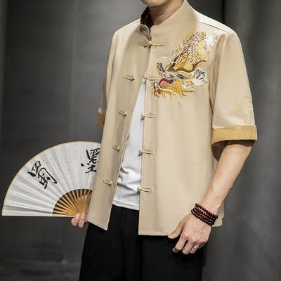 Buddha Stones Frog-Button Chinese Dragon Auspicious Cloud Embroidery Half Sleeve Shirt Cotton Linen Men Clothing - Linen - US/UK/AU44，EU54 (5XL)  - image 26