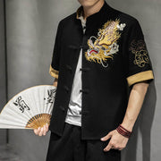 Foviel Frog-Button Chinese Dragon Auspicious Cloud Embroidery Half Sleeve Shirt Cotton Linen Men Clothing