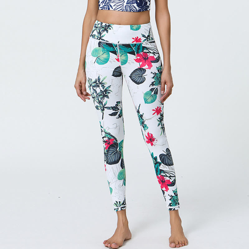 Buddha Stones Flowers Leaves Dandelions Pineapples Print Sports Fitness High Waist Leggings Women's Yoga Pants - White Green Flowers Leaves - US12，UK/AU16，EU44 (XL) - image 7