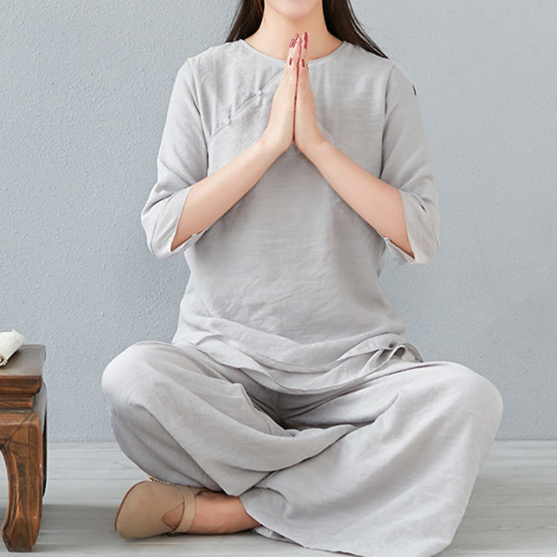 Buddha Stones 2Pcs Three Quarter Sleeve Long Sleeve Shirt Wide Leg Pants Meditation Cotton Linen Clothing Women's Set - Gainsboro - Three Quarter Sleeve - US8-10，UK/AU12-14，EU40-42 (3XL) - image 26