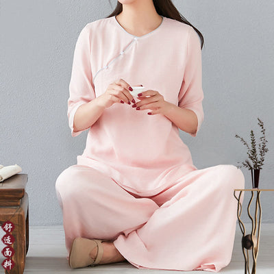 Buddha Stones 2Pcs Three Quarter Sleeve Long Sleeve Shirt Wide Leg Pants Meditation Cotton Linen Clothing Women's Set - LavenderBlush - Three Quarter Sleeve - US8-10，UK/AU12-14，EU40-42 (3XL) - image 15