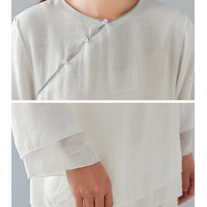 Buddha Stones 2Pcs Three Quarter Sleeve Long Sleeve Shirt Wide Leg Pants Meditation Cotton Linen Clothing Women's Set - image 11