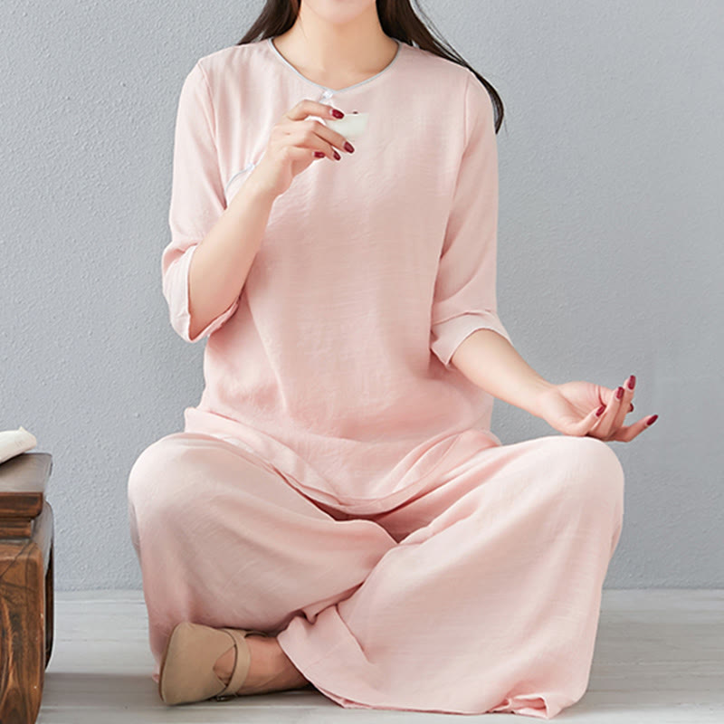 Buddha Stones 2Pcs Three Quarter Sleeve Long Sleeve Shirt Wide Leg Pants Meditation Cotton Linen Clothing Women's Set - image 19