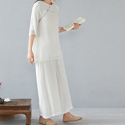 Buddha Stones 2Pcs Three Quarter Sleeve Long Sleeve Shirt Wide Leg Pants Meditation Cotton Linen Clothing Women's Set - image 9