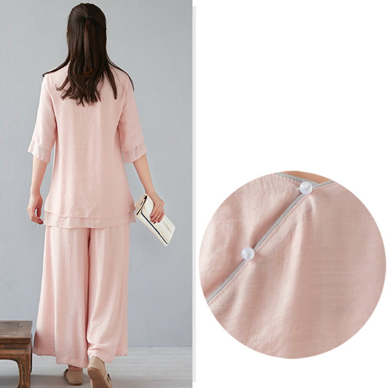 Buddha Stones 2Pcs Three Quarter Sleeve Long Sleeve Shirt Wide Leg Pants Meditation Cotton Linen Clothing Women's Set - image 24