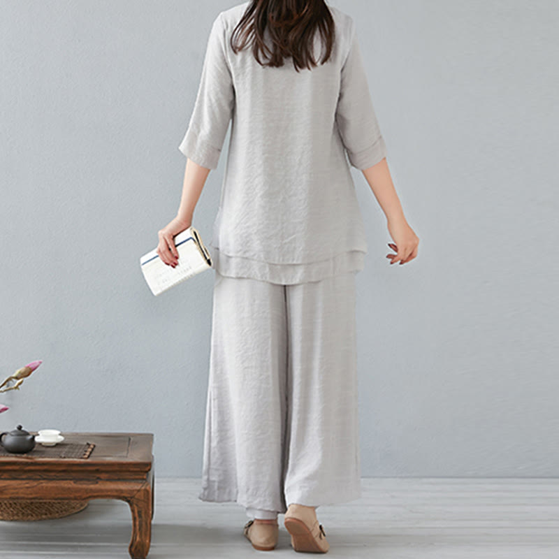Buddha Stones 2Pcs Three Quarter Sleeve Long Sleeve Shirt Wide Leg Pants Meditation Cotton Linen Clothing Women's Set - image 28
