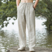 Foviel einfarbig Color Baumwolle Leinen Herren weites Bein Hose mit Taschen