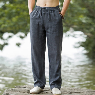 Foviel Solid Color Cotton Linen Men's Wide Leg Pants With Pockets