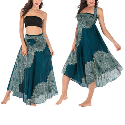 Buddha Stones Two Style Wear Boho Mandala Flower Beach Skirt Dress - DarkTurquoise - US4-12，UK/AU8-16，EU36-44 (F) - image 0