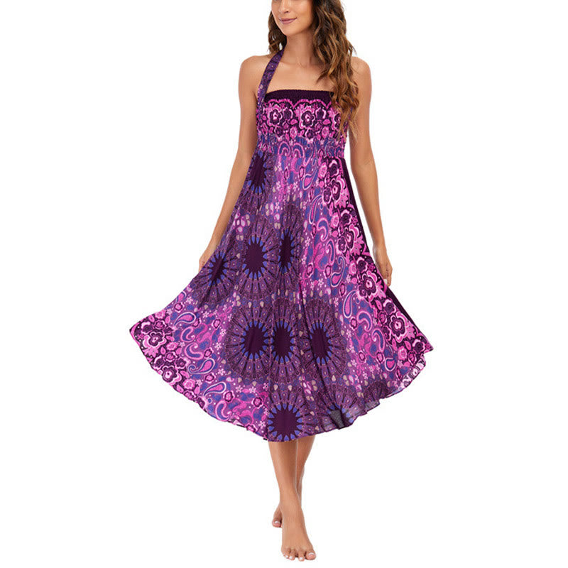 Robe style bohème Foviel deux façons de porter motif fleur mandala goutte d'eau à lacets