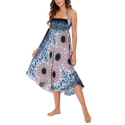 Robe style bohème Foviel deux façons de porter motif fleur mandala goutte d'eau à lacets