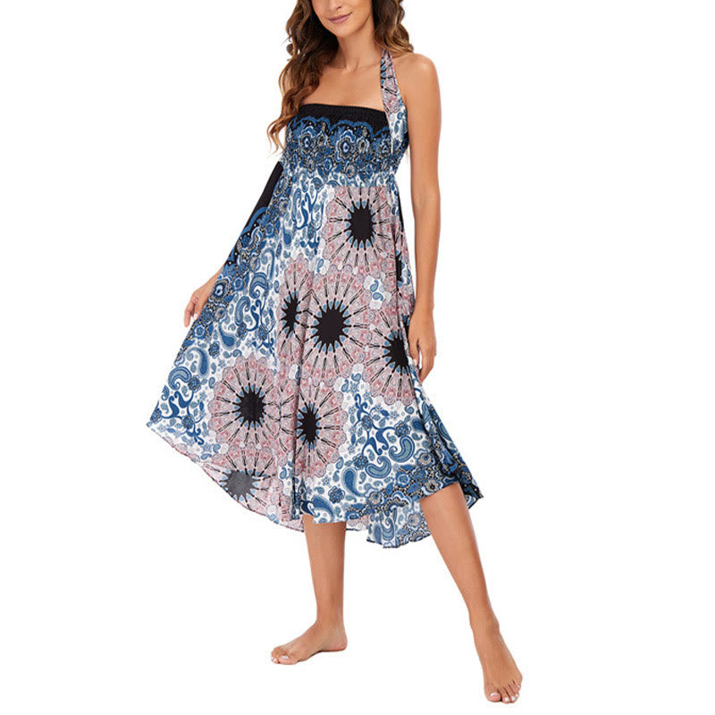 Robe style bohème Foviel deux façons de porter motif fleur mandala goutte d'eau à lacets