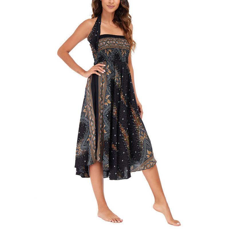 Foviel Zwei Stil tragen Boho Sommer Peacock Feather Schnürung Rock Kleid
