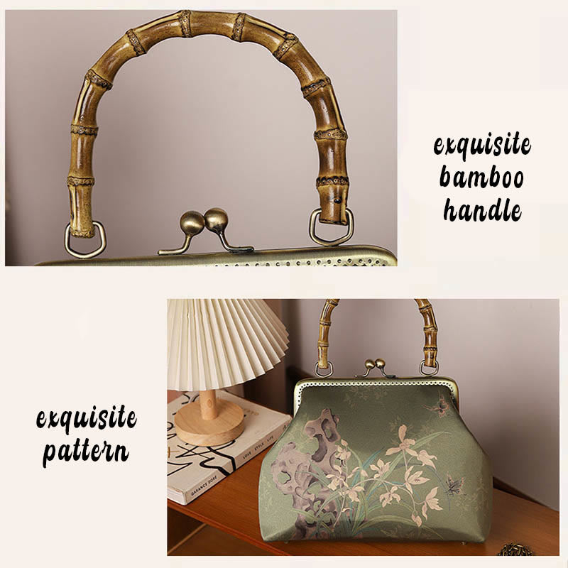Sac à bandoulière Foviel à motif de plantes vertes et montagnes, avec anse en bambou et chaîne métallique