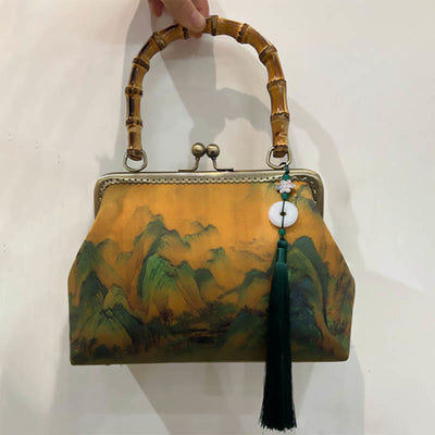 Sac à bandoulière Foviel à motif de plantes vertes et montagnes, avec anse en bambou et chaîne métallique
