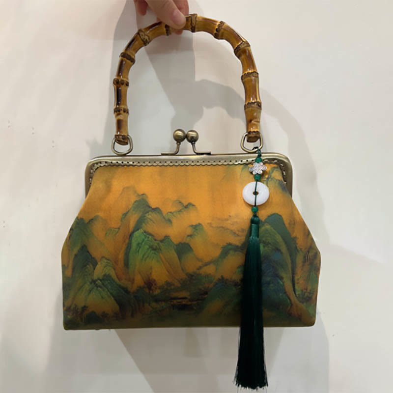 Sac à bandoulière Foviel à motif de plantes vertes et montagnes, avec anse en bambou et chaîne métallique