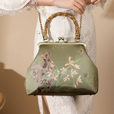 Sac à bandoulière Foviel à motif de plantes vertes et montagnes, avec anse en bambou et chaîne métallique