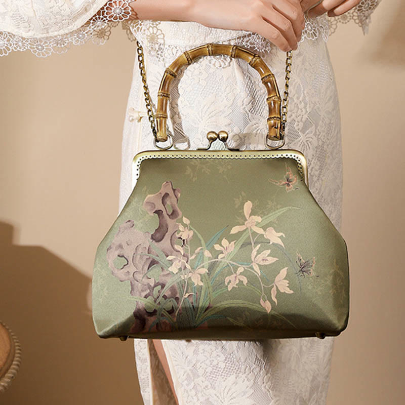 Sac à bandoulière Foviel à motif de plantes vertes et montagnes, avec anse en bambou et chaîne métallique