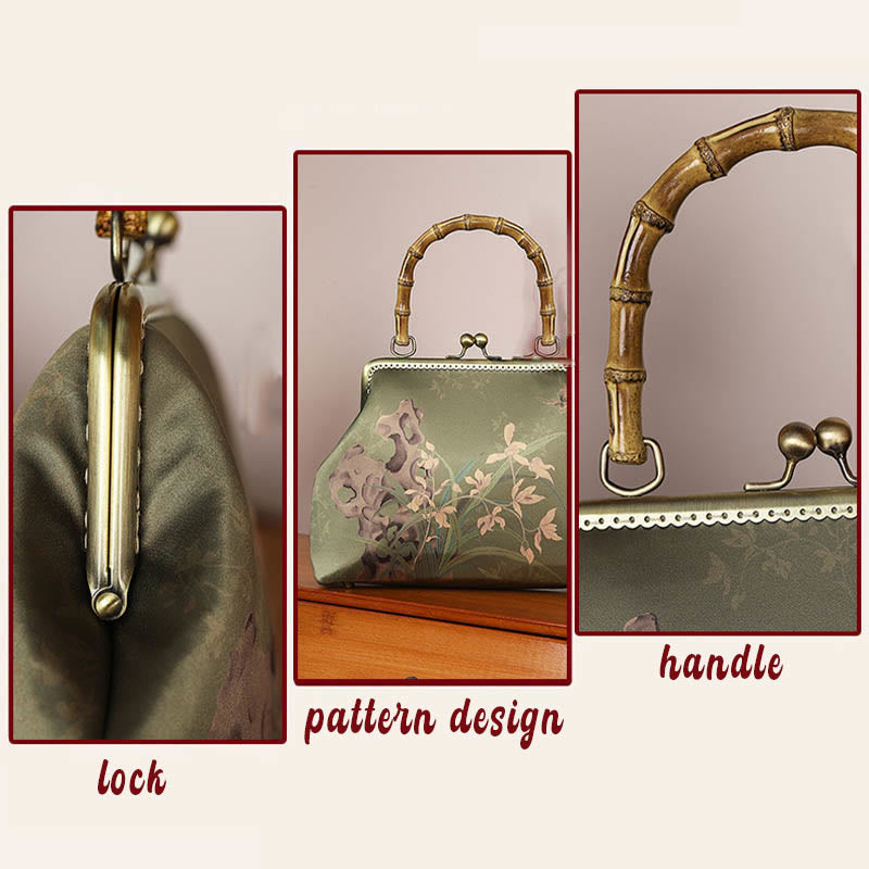 Sac à bandoulière Foviel à motif de plantes vertes et montagnes, avec anse en bambou et chaîne métallique