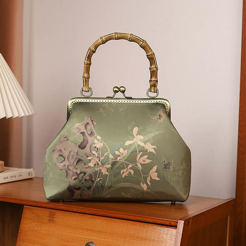 Sac à bandoulière Foviel à motif de plantes vertes et montagnes, avec anse en bambou et chaîne métallique