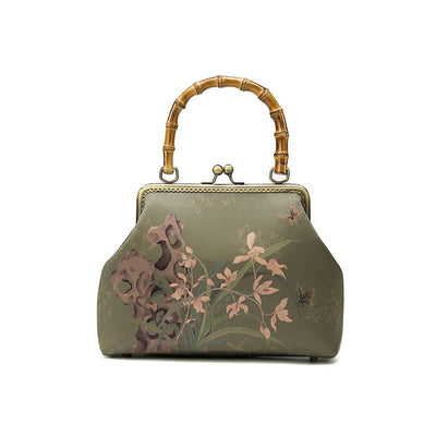 Sac à bandoulière Foviel à motif de plantes vertes et montagnes, avec anse en bambou et chaîne métallique