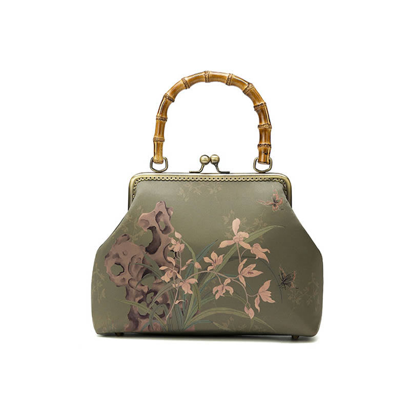 Sac à bandoulière Foviel à motif de plantes vertes et montagnes, avec anse en bambou et chaîne métallique
