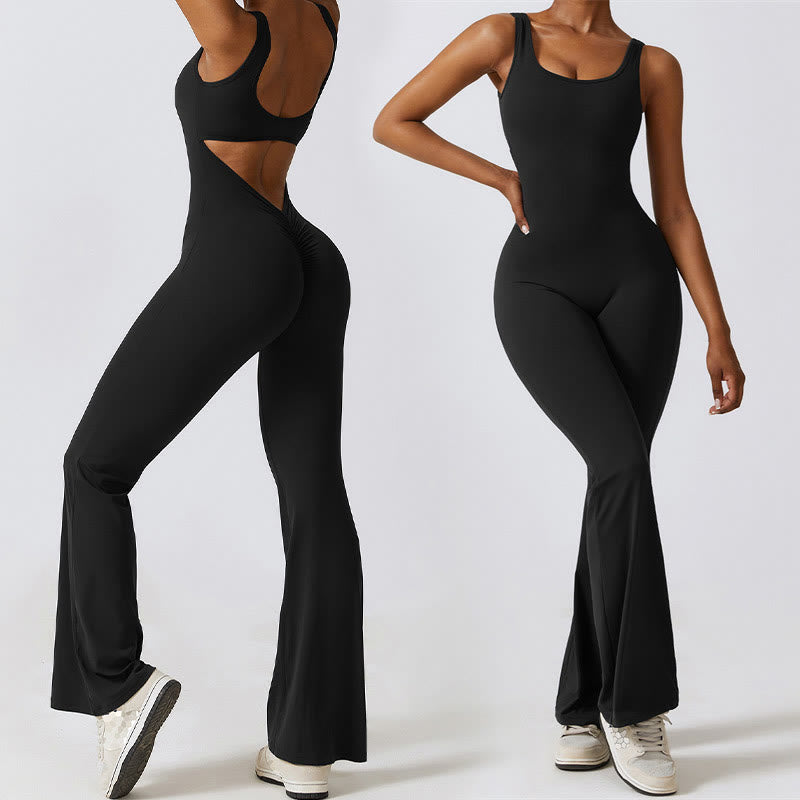 Buddha Stones Women Workout Sleeveless Jumpsuit Flare Pants Sports Fitness Yoga Bodysuit - image 0