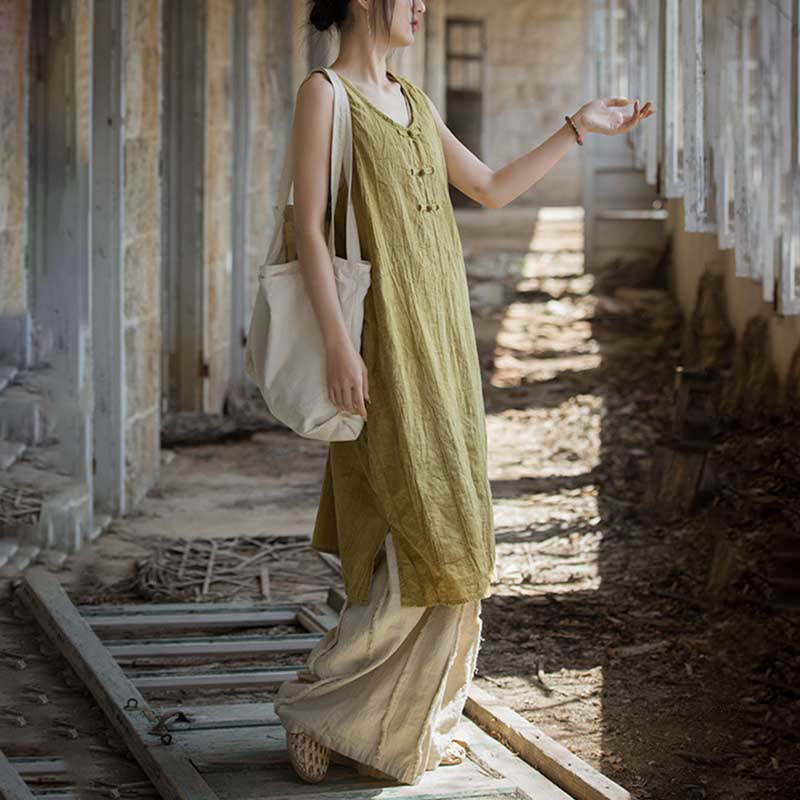 Robe sans manches longueur genou en lin ramie pour femme avec boutons grenouille Foviel et poches