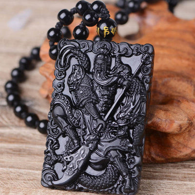 Pendentif de collier Foviel en obsidienne noire gravée, amulette Guan Gong, force